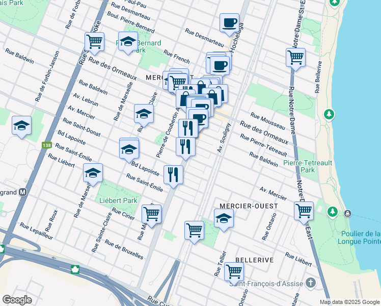 map of restaurants, bars, coffee shops, grocery stores, and more near 8478 Rue Hochelaga in Montréal