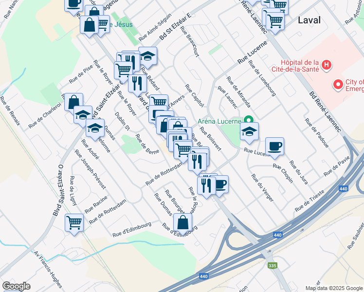 map of restaurants, bars, coffee shops, grocery stores, and more near 1759 Boulevard des Laurentides in Laval