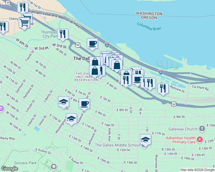 map of restaurants, bars, coffee shops, grocery stores, and more near 412 East 4th Street in The Dalles