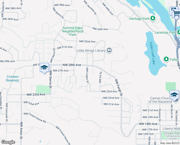 map of restaurants, bars, coffee shops, grocery stores, and more near 2640 Northwest Logan Street in Camas