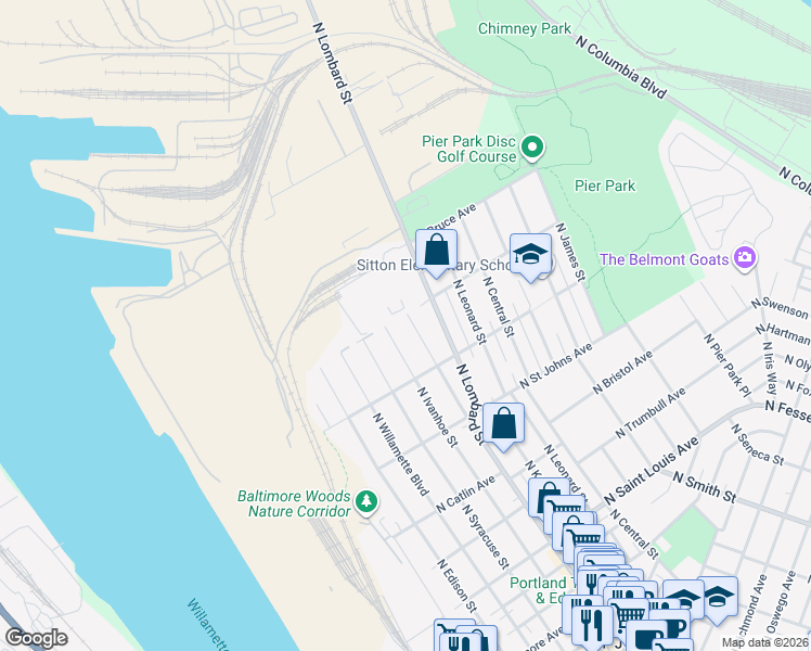 map of restaurants, bars, coffee shops, grocery stores, and more near 10006 North Jersey Street in Portland