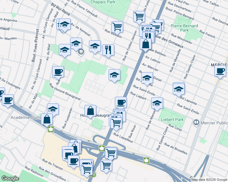 map of restaurants, bars, coffee shops, grocery stores, and more near 8075 Rue Sherbrooke Est in Montréal