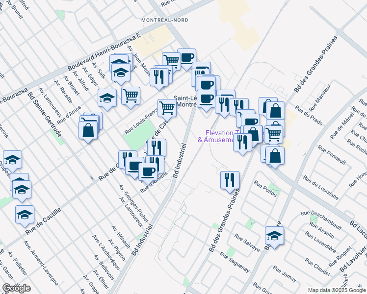 map of restaurants, bars, coffee shops, grocery stores, and more near 5400 Boulevard Industriel in Montreal
