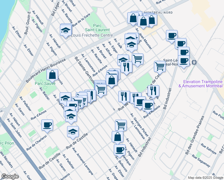 map of restaurants, bars, coffee shops, grocery stores, and more near 5054 Rue de Charleroi in Montréal
