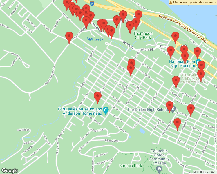 map of restaurants, bars, coffee shops, grocery stores, and more near 614 West 12th Street in The Dalles