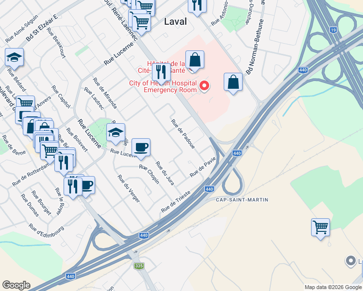 map of restaurants, bars, coffee shops, grocery stores, and more near 1525 Rue de Lunebourg in Laval