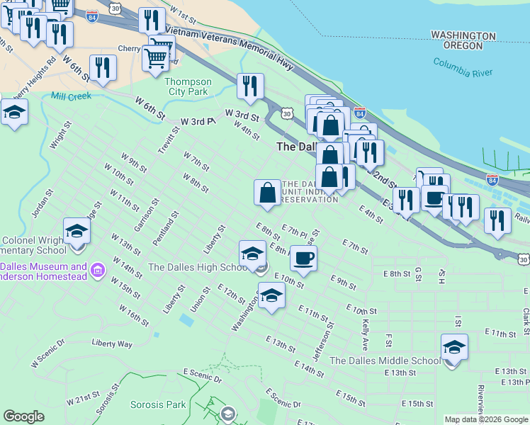 map of restaurants, bars, coffee shops, grocery stores, and more near 800 Union Street in The Dalles
