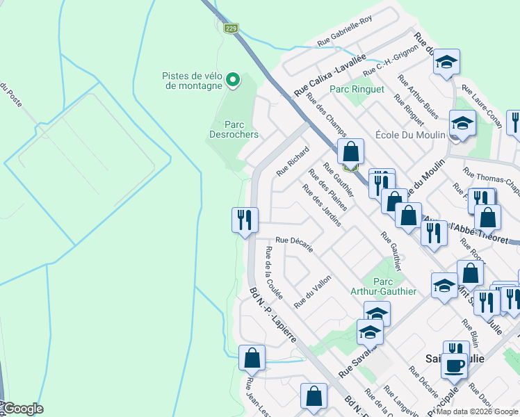 map of restaurants, bars, coffee shops, grocery stores, and more near 1211 Boulevard N.-P.-Lapierre in Sainte-Julie