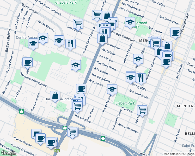 map of restaurants, bars, coffee shops, grocery stores, and more near 3180 Rue Saint Émile in Montréal