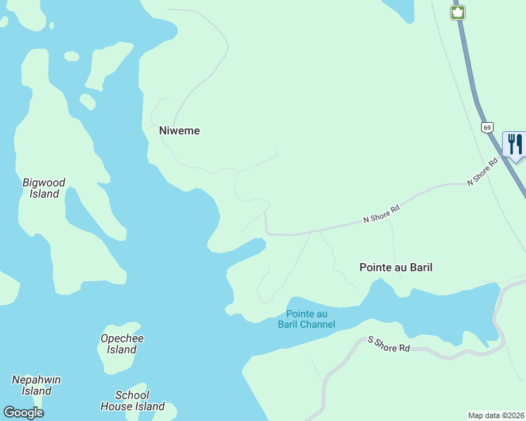 map of restaurants, bars, coffee shops, grocery stores, and more near 111 North Shore Road in Parry Sound District