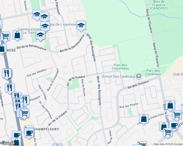 map of restaurants, bars, coffee shops, grocery stores, and more near 2155 Avenue de la Volière in Laval