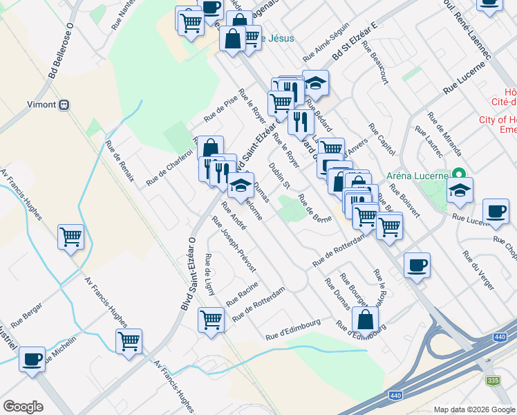 map of restaurants, bars, coffee shops, grocery stores, and more near 1861 Rue Delorme in Laval