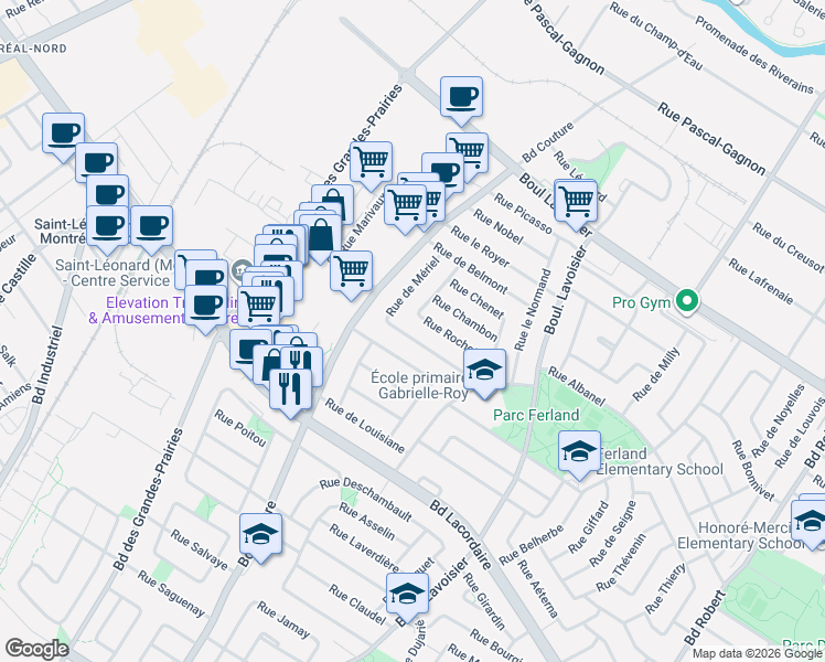map of restaurants, bars, coffee shops, grocery stores, and more near 9109 Rue Boissonneault in Montréal
