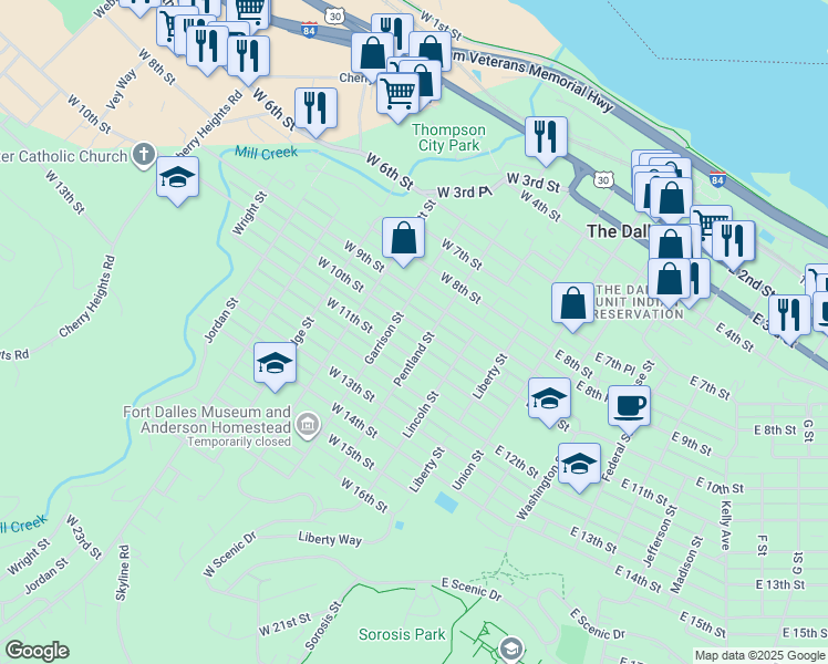 map of restaurants, bars, coffee shops, grocery stores, and more near 412 West 10th Street in The Dalles