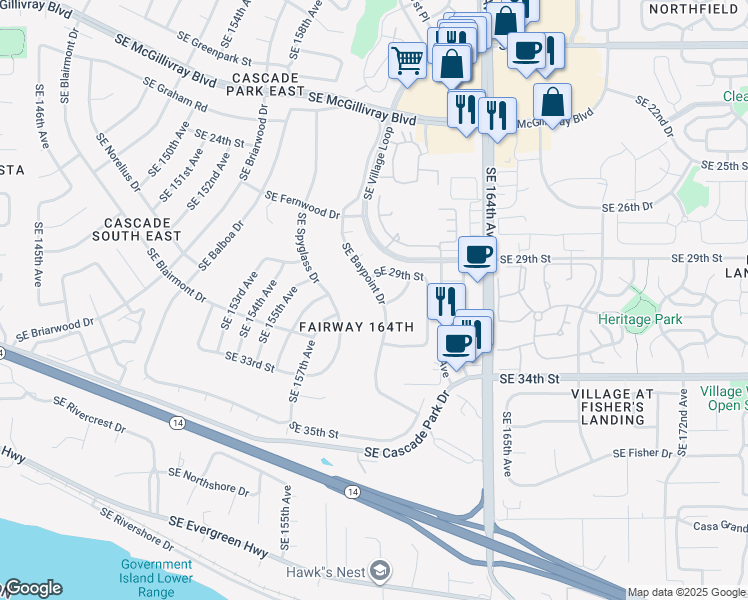 map of restaurants, bars, coffee shops, grocery stores, and more near 3000 Southeast Baypoint Drive in Vancouver