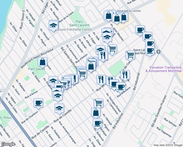 map of restaurants, bars, coffee shops, grocery stores, and more near 5054 Rue de Charleroi in Montreal