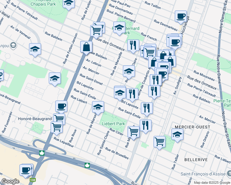map of restaurants, bars, coffee shops, grocery stores, and more near 2890 Rue Saint-Donat in Montréal