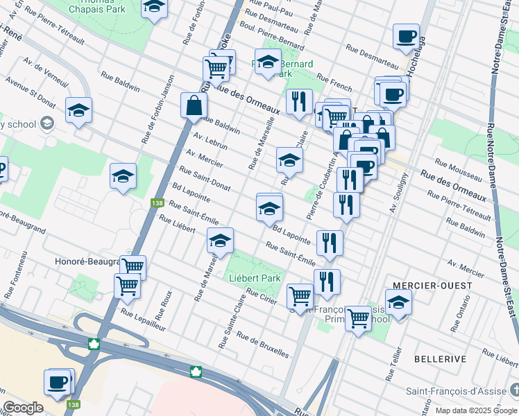 map of restaurants, bars, coffee shops, grocery stores, and more near 2890 Rue Saint-Donat in Montréal