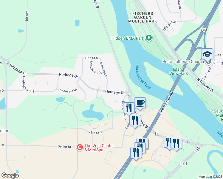 map of restaurants, bars, coffee shops, grocery stores, and more near 117 Heritage Drive in Sartell