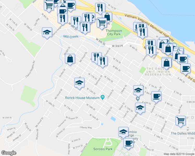 map of restaurants, bars, coffee shops, grocery stores, and more near 505 West 11th Street in The Dalles