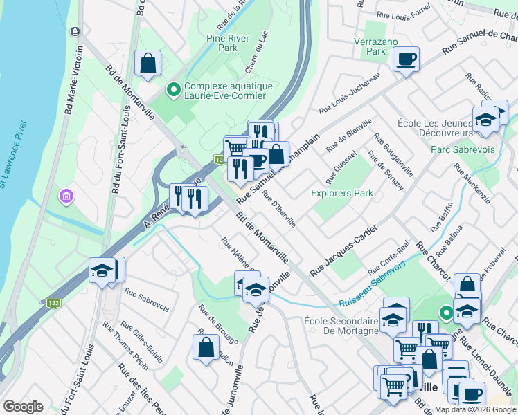 map of restaurants, bars, coffee shops, grocery stores, and more near 785 Rue François Gravé in Boucherville