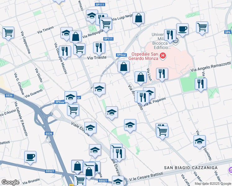map of restaurants, bars, coffee shops, grocery stores, and more near 16 Via Giovanni Battista Viotti in Monza