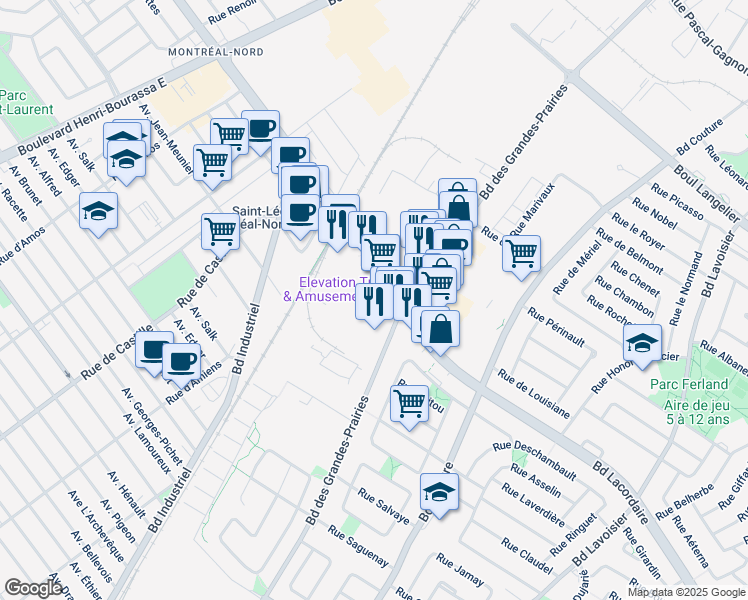 map of restaurants, bars, coffee shops, grocery stores, and more near 9430 Boulevard Lacordaire in Montréal