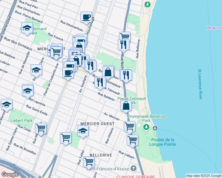 map of restaurants, bars, coffee shops, grocery stores, and more near 631 Rue Pierre-Tétreault in Montréal