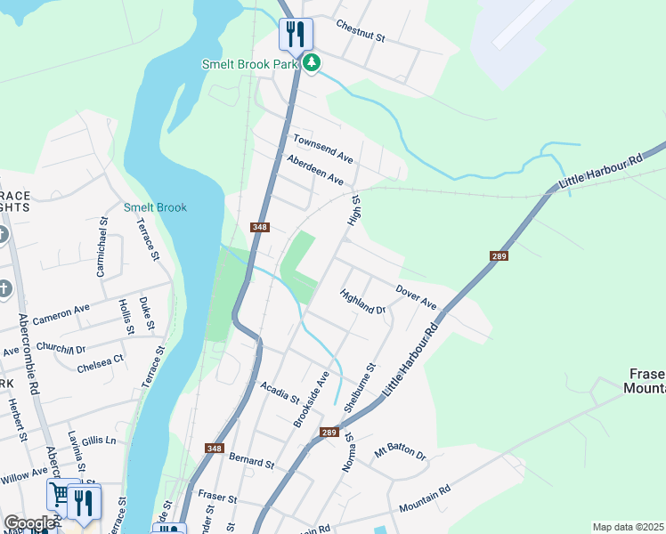 map of restaurants, bars, coffee shops, grocery stores, and more near 534 High Street in New Glasgow