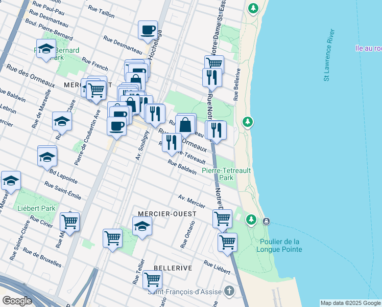 map of restaurants, bars, coffee shops, grocery stores, and more near 619 Rue Pierre-Tétreault in Montréal