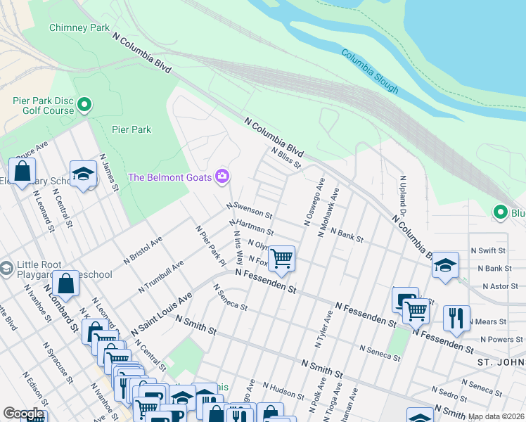 map of restaurants, bars, coffee shops, grocery stores, and more near 8367 North Swenson Street in Portland