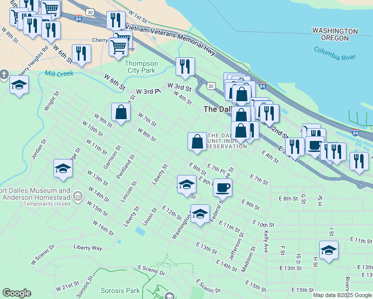 map of restaurants, bars, coffee shops, grocery stores, and more near 110 West 7th Street in The Dalles