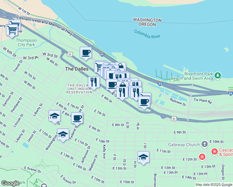 map of restaurants, bars, coffee shops, grocery stores, and more near 509 Mosier-The Dalles Highway in The Dalles