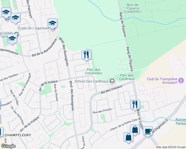 map of restaurants, bars, coffee shops, grocery stores, and more near 1805 Avenue de la Volière in Laval