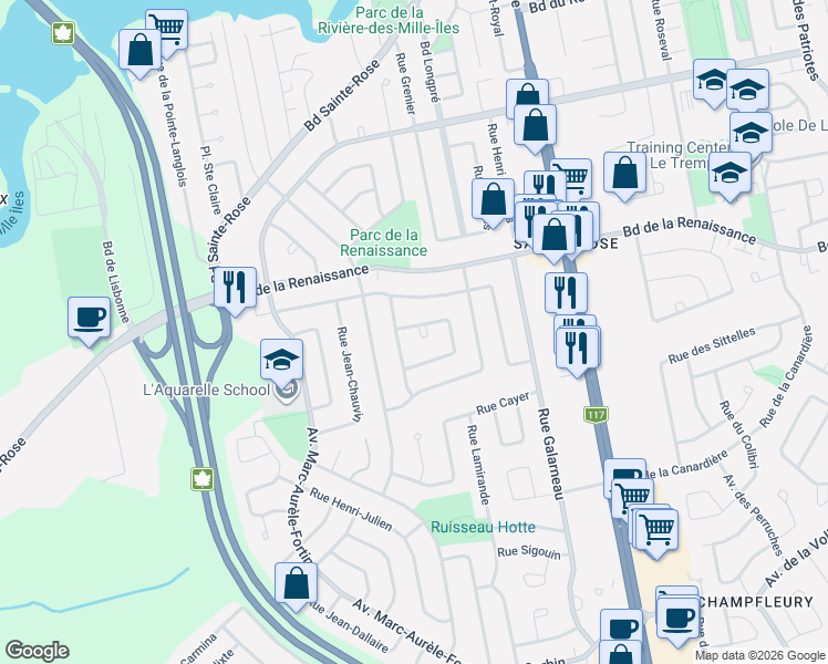 map of restaurants, bars, coffee shops, grocery stores, and more near 396 Rue Charles-Vézina in Laval