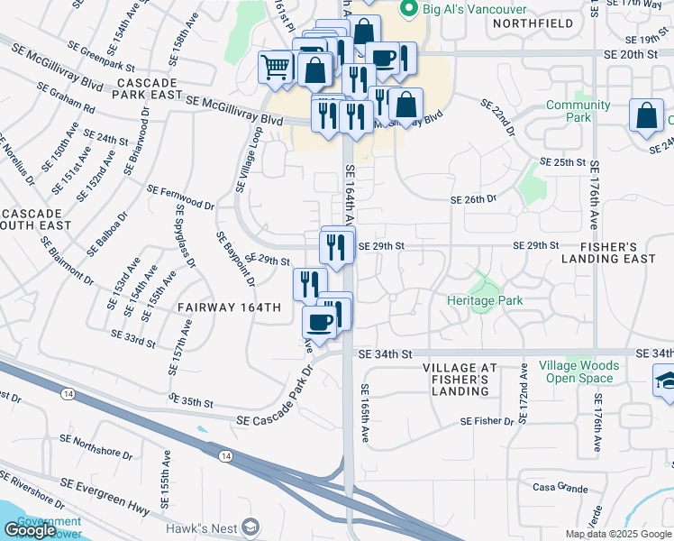 map of restaurants, bars, coffee shops, grocery stores, and more near 2901 Southeast 162nd Avenue in Vancouver