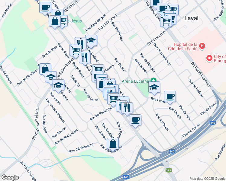 map of restaurants, bars, coffee shops, grocery stores, and more near 10 Rue de Genève in Laval