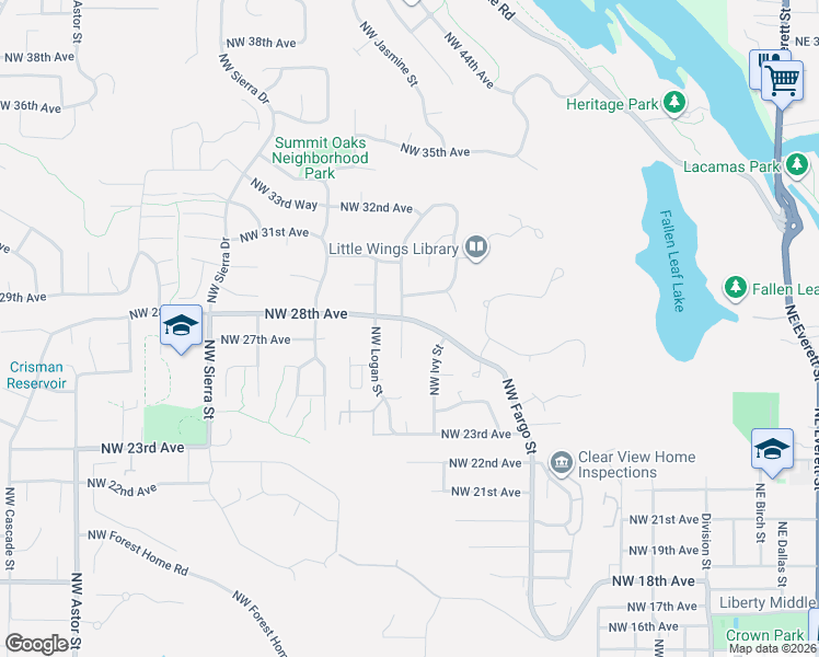 map of restaurants, bars, coffee shops, grocery stores, and more near 2746 Northwest Kent Street in Camas