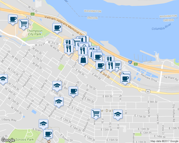 map of restaurants, bars, coffee shops, grocery stores, and more near Federal St & E 4th St in The Dalles