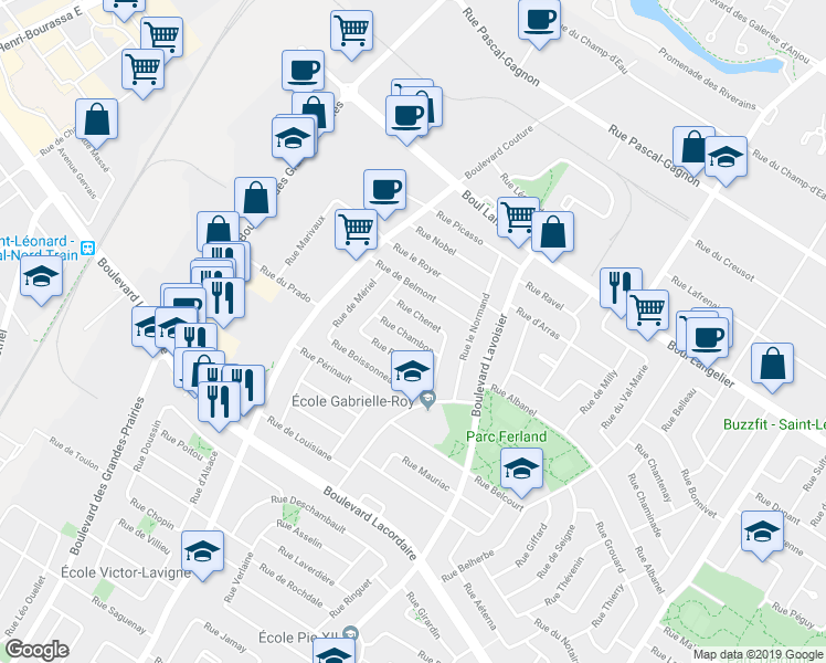 map of restaurants, bars, coffee shops, grocery stores, and more near 9035 Rue Chambon in Montréal