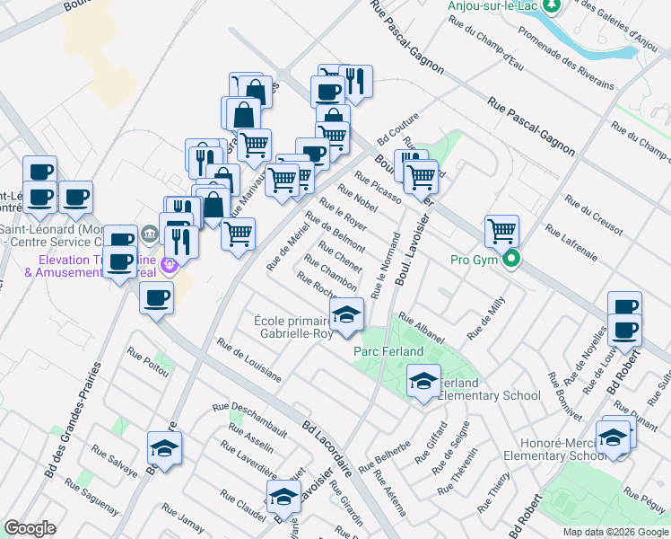 map of restaurants, bars, coffee shops, grocery stores, and more near 9035 Rue Chambon in Montréal