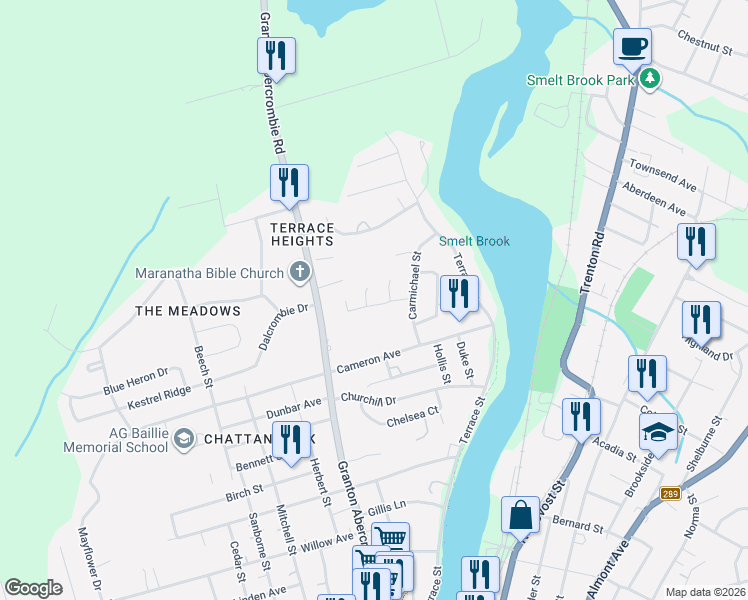 map of restaurants, bars, coffee shops, grocery stores, and more near 137 York Court in New Glasgow