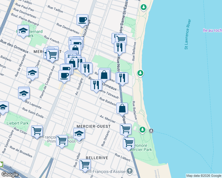 map of restaurants, bars, coffee shops, grocery stores, and more near 572 Rue des Ormeaux in Montréal