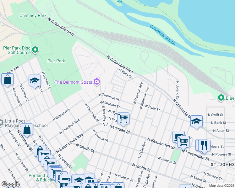 map of restaurants, bars, coffee shops, grocery stores, and more near 8334 North Bank Street in Portland