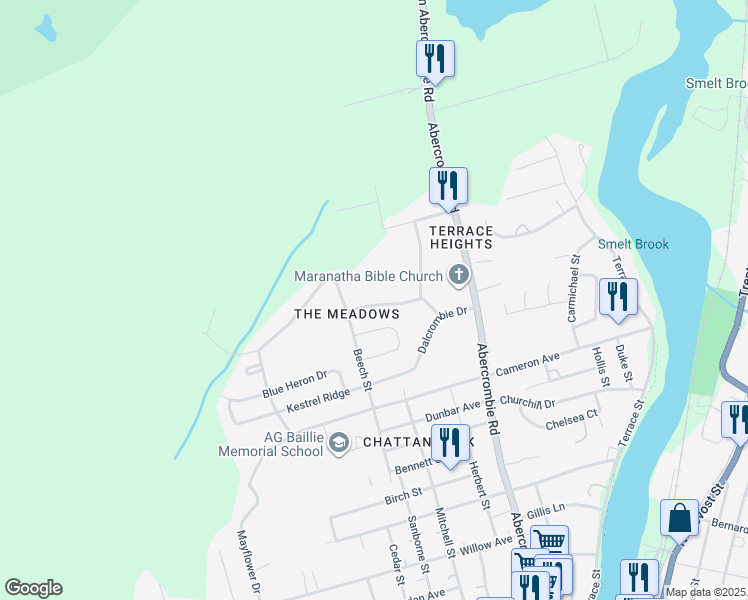 map of restaurants, bars, coffee shops, grocery stores, and more near 387 Meadowlark Drive in New Glasgow
