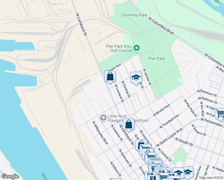 map of restaurants, bars, coffee shops, grocery stores, and more near 10035 North Lombard Street in Portland