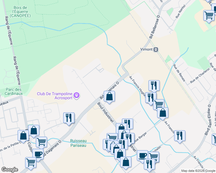 map of restaurants, bars, coffee shops, grocery stores, and more near 1237 Boulevard Dagenais Ouest in Laval
