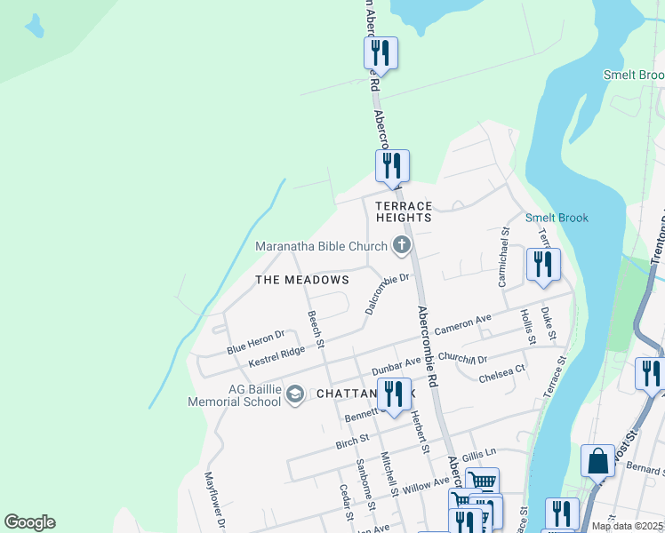 map of restaurants, bars, coffee shops, grocery stores, and more near 387 Meadowlark Drive in New Glasgow