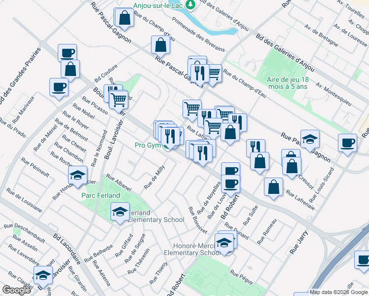 map of restaurants, bars, coffee shops, grocery stores, and more near 8735 Boulevard Langelier in Montréal