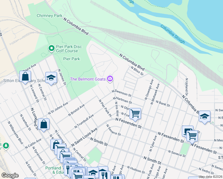map of restaurants, bars, coffee shops, grocery stores, and more near 9513 North Todd Street in Portland